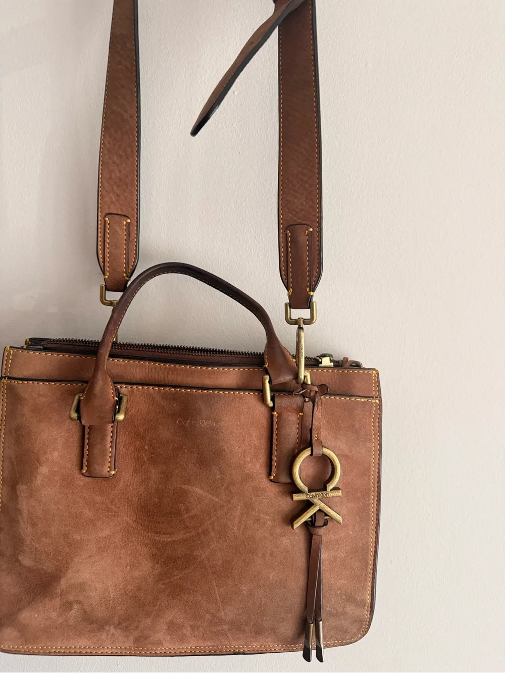 Calvin Klein Brown Leather Hobo Satchel with Gold Hardware